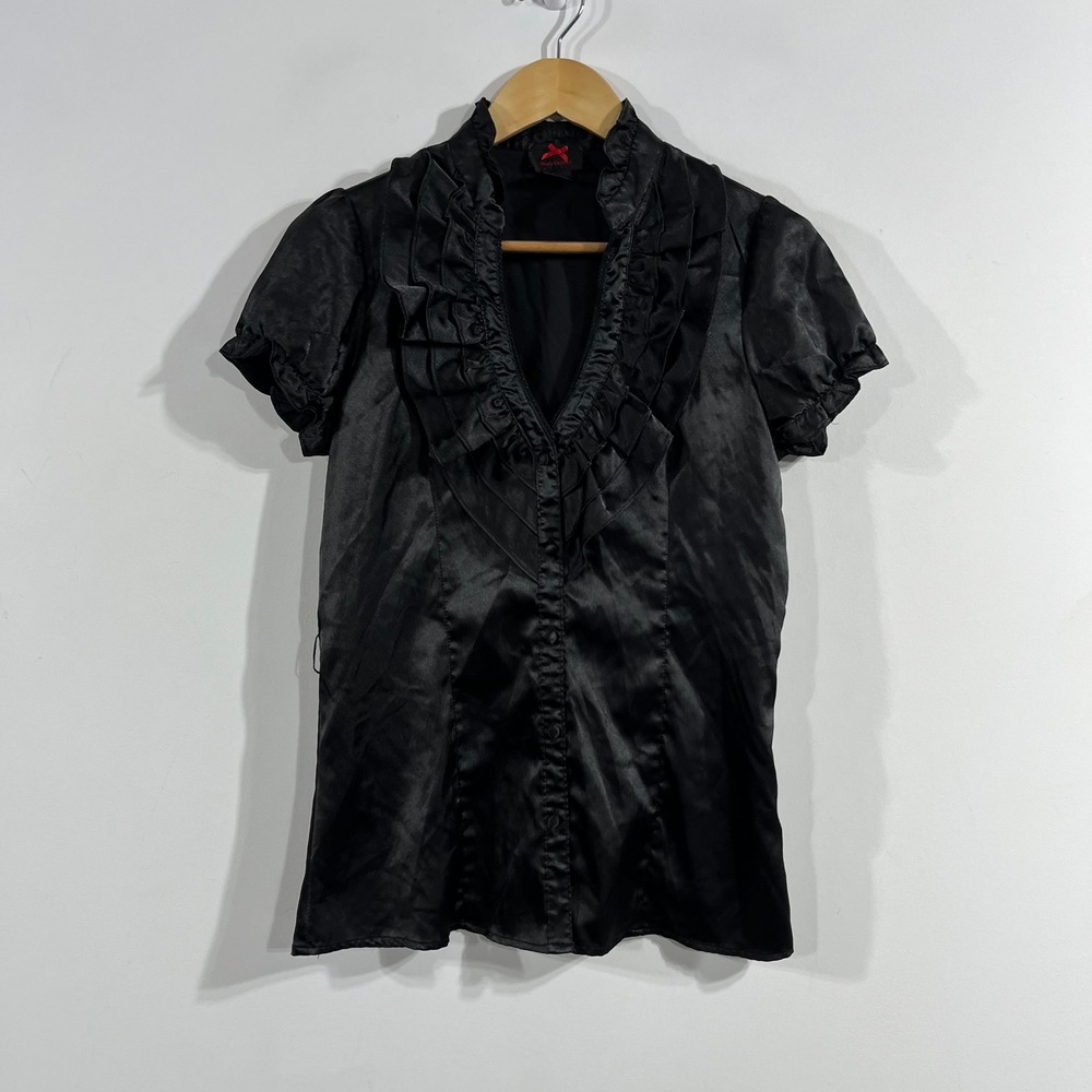 Body Central Edwardian Vamp Fairy Grunge Black Satin Ruffle Top Womens Medium